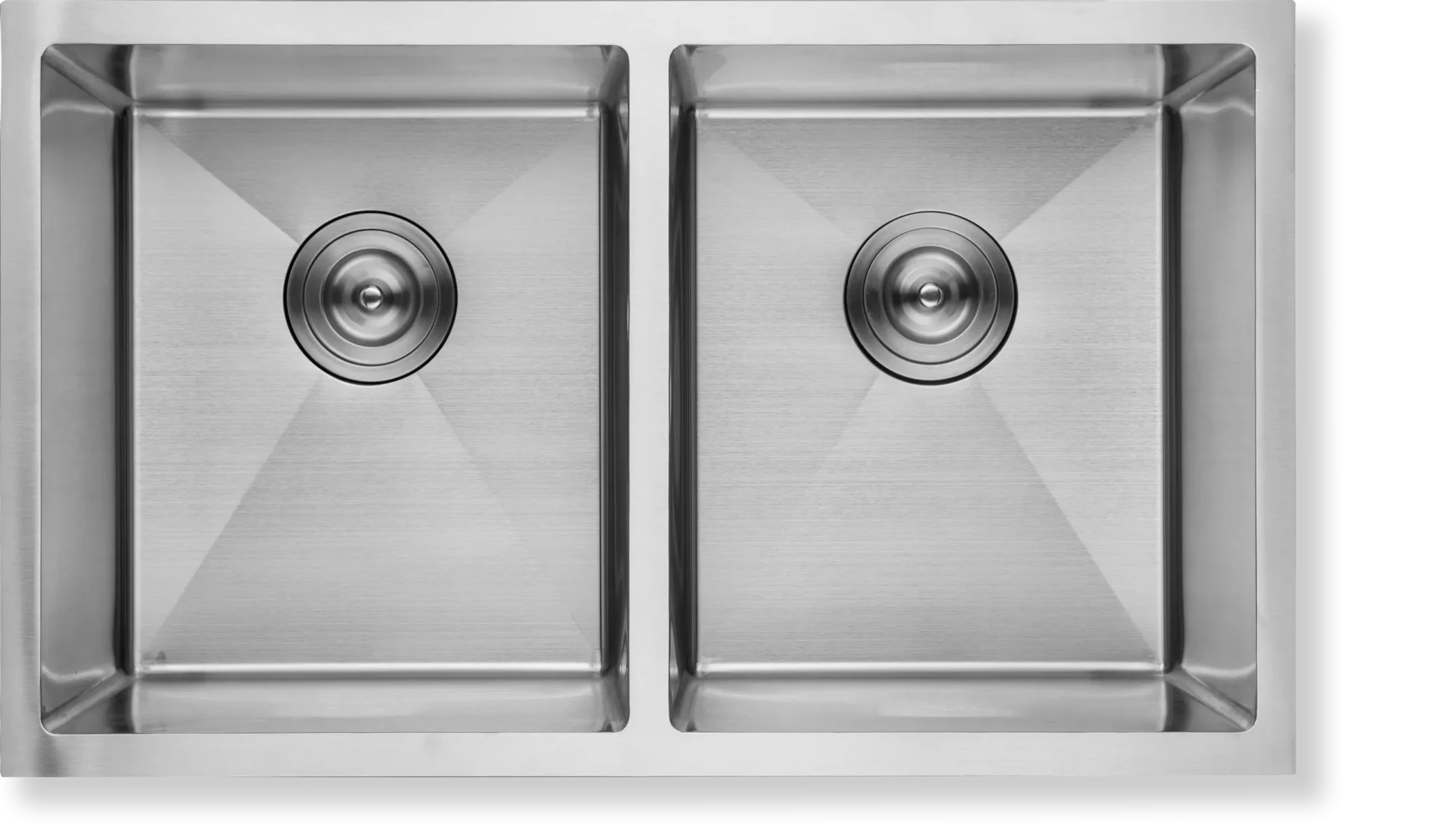 Top view of a brushed stainless steel equal double bowl kitchen sink