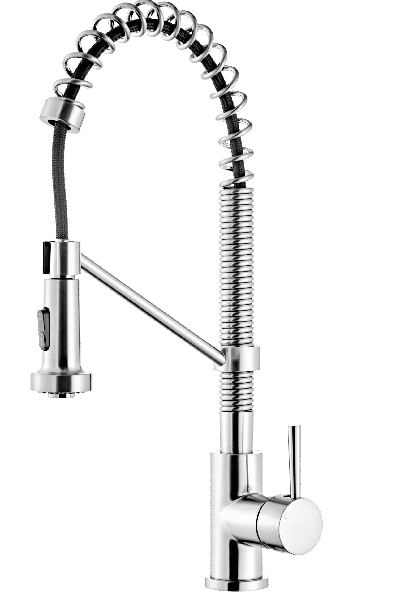 Chrome commercial spring pull-down kitchen faucet with an exposed coil and single lever