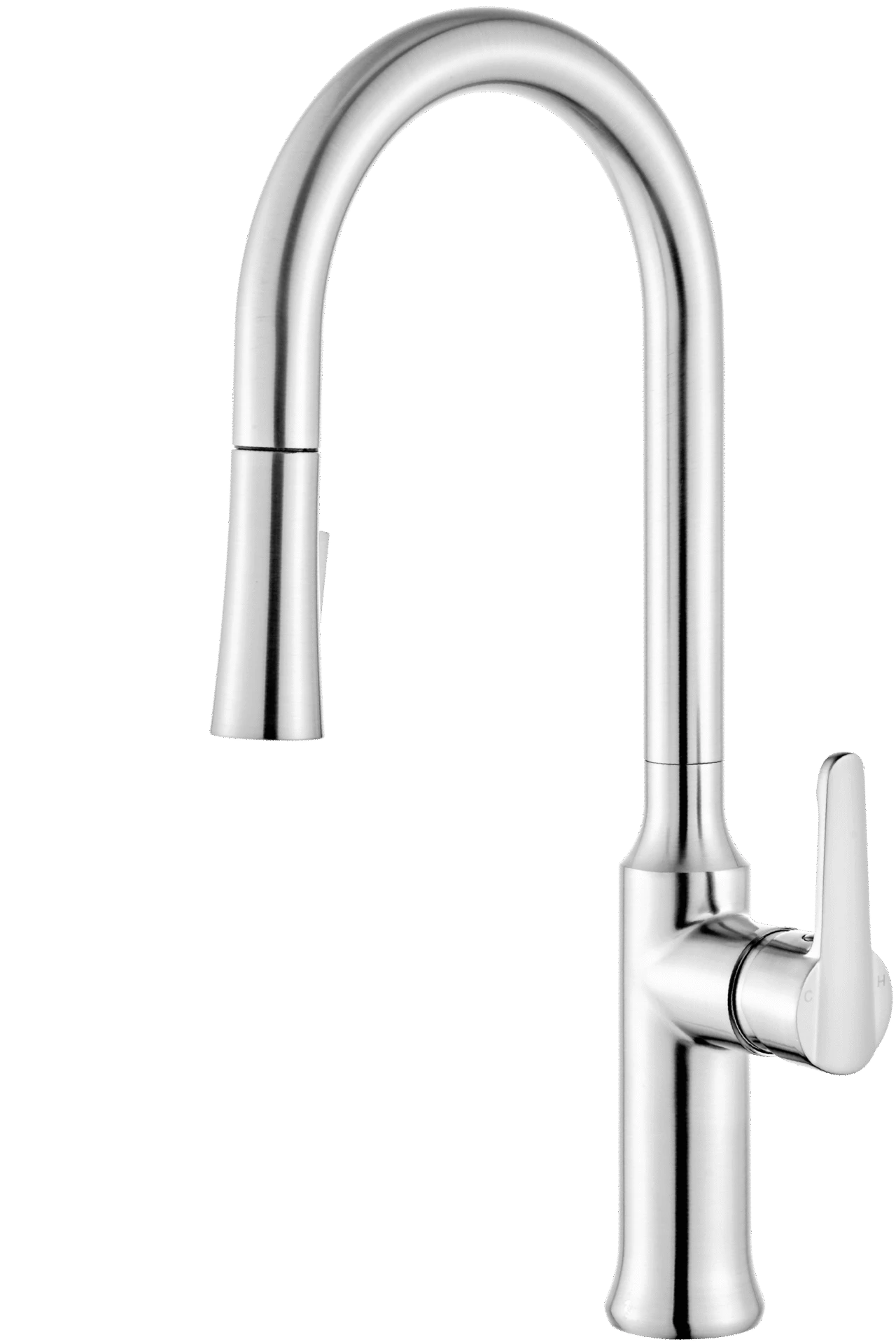 Chrome tall pull-down kitchen faucet with a streamlined high arc spout and single lever