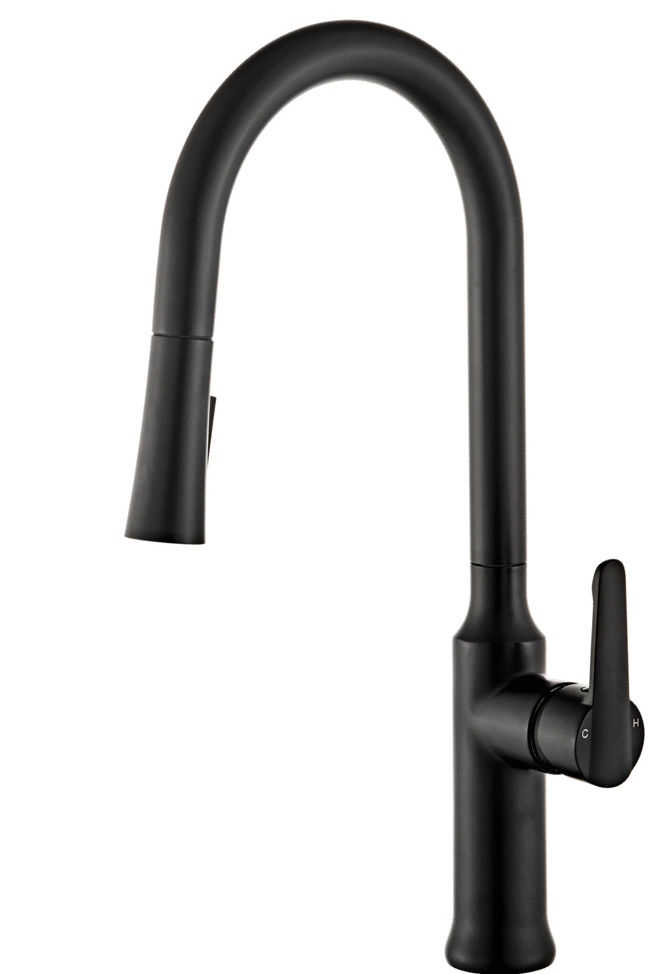 Matte black tall pull-down kitchen faucet with a streamlined high arc spout and single lever