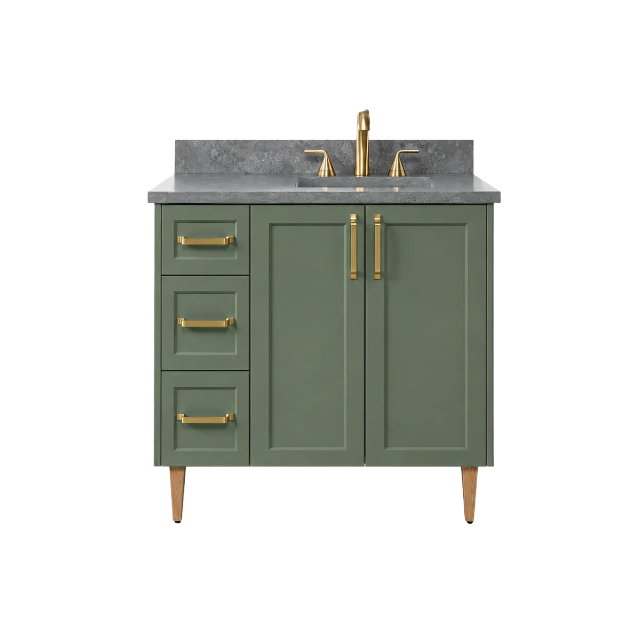 Sage green Shaker single-sink bathroom vanity with grey stone-look top, doors, drawers and brushed brass hardware