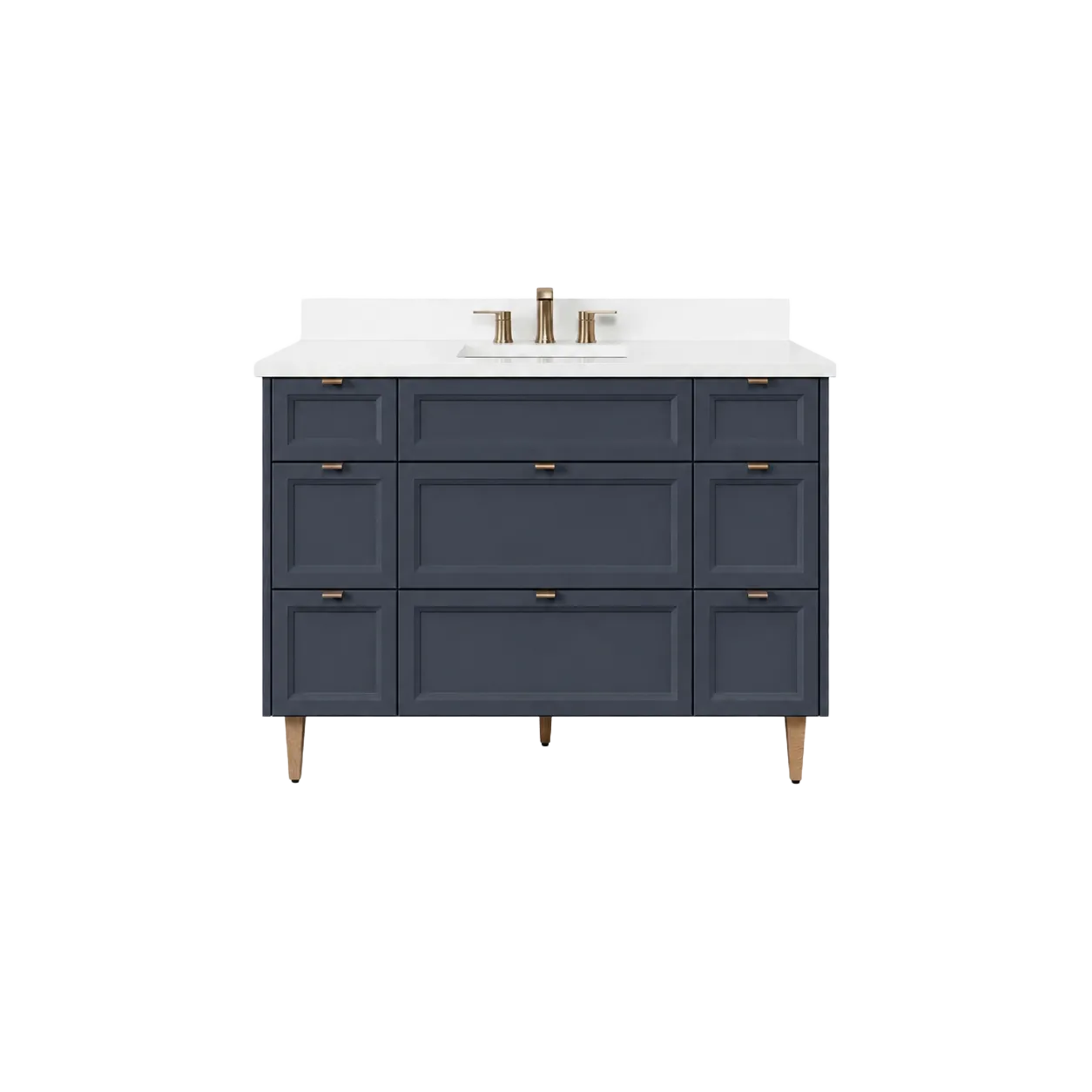 Navy blue Shaker single-sink bathroom vanity with white top, nine drawers and brushed brass accents