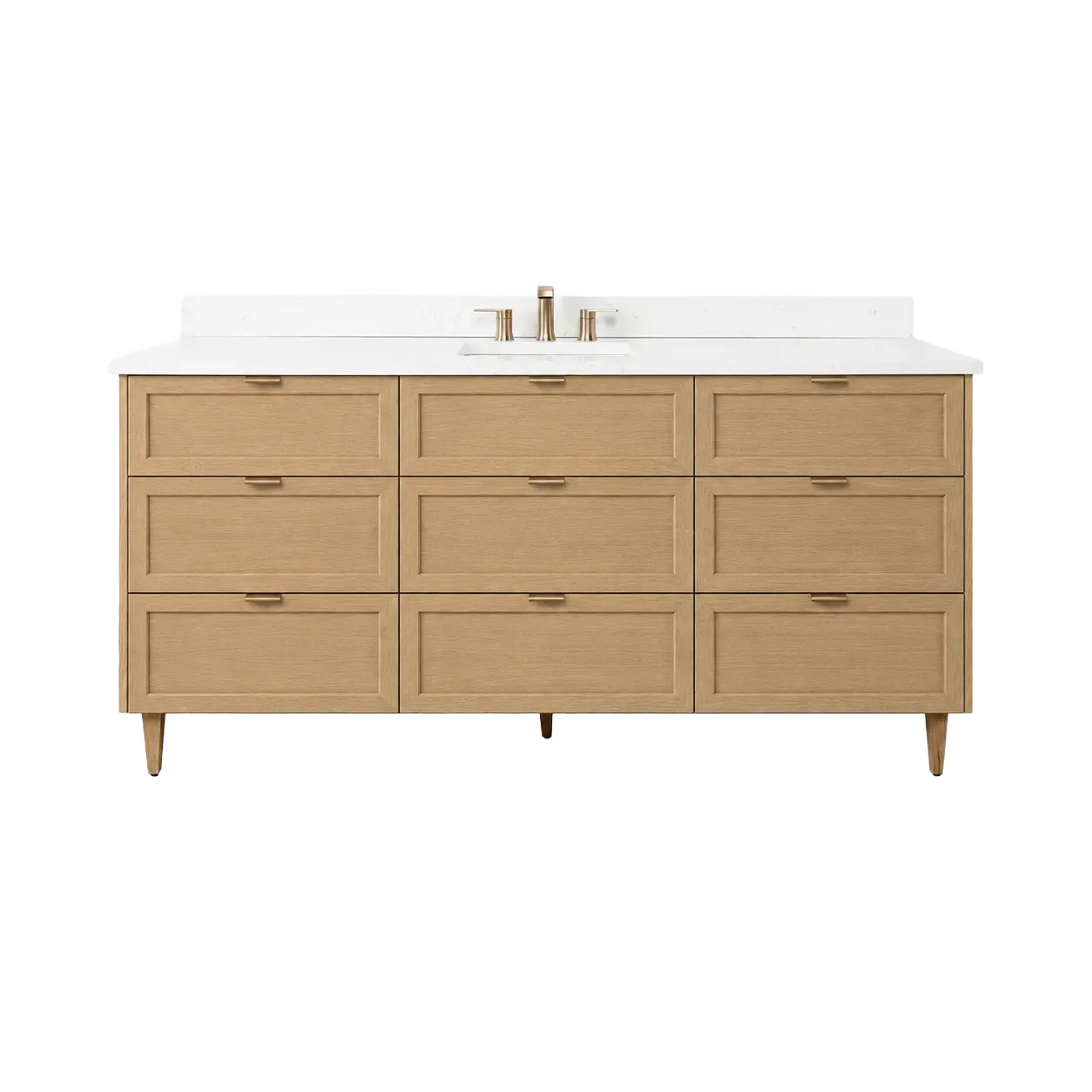 Natural oak woodgrain Shaker single-sink bathroom vanity with nine drawers, white top and warm metal pulls
