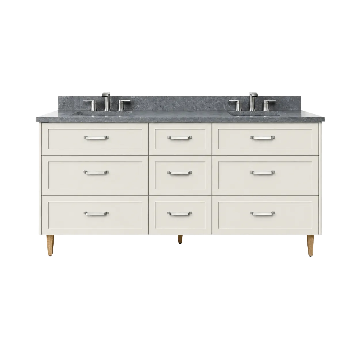 Warm white Shaker double-sink bathroom vanity with grey stone-look top, nine drawers and polished metal pulls