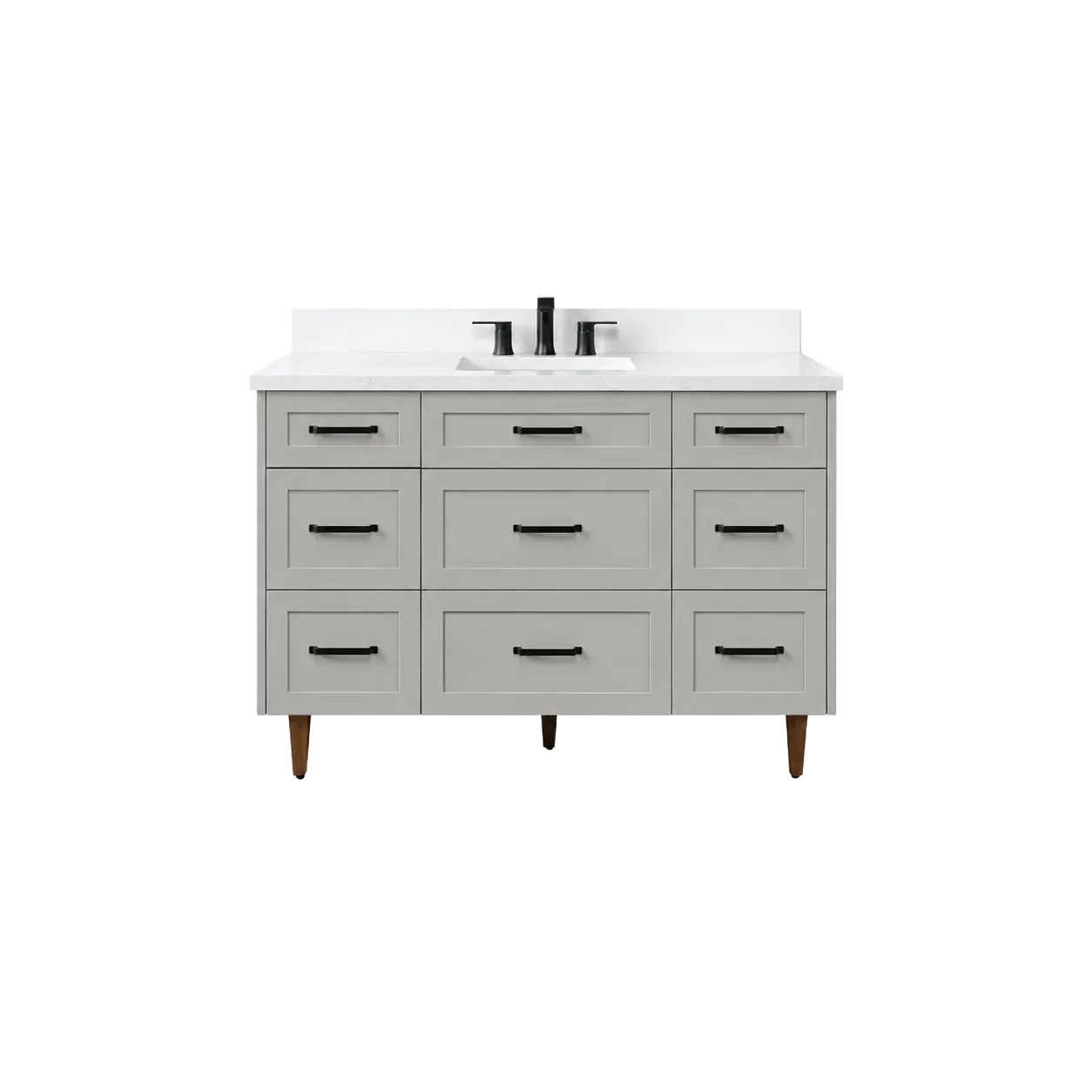 Soft grey Shaker single-sink bathroom vanity with nine drawers, white top and matte black hardware